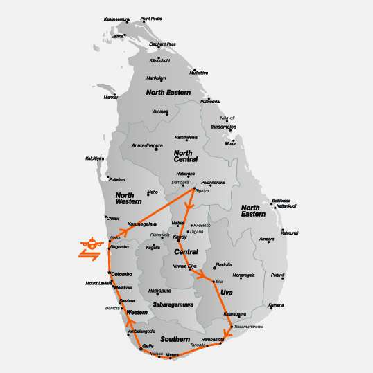 De route van de groepsreis Highlights in Sri Lanka<br>