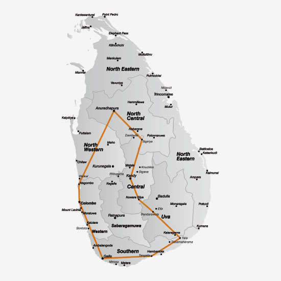 De route van de Sri Lanka groepsreis in de winter<br>
