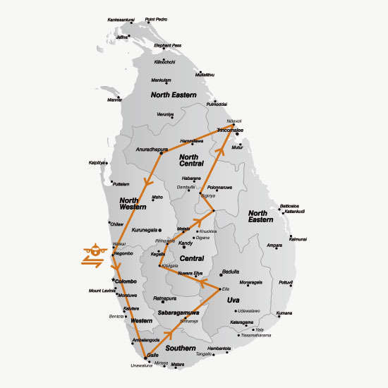 De route van de rondreis door Sri Lanka<br>