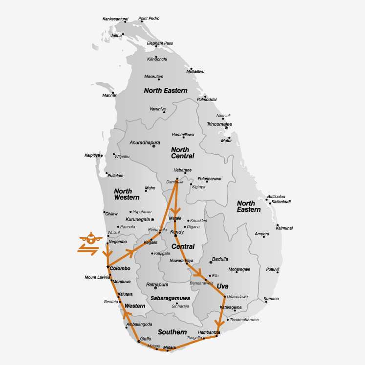 De route van de culinaire rondreis. Da's een ideale vakantie in Sri Lanka