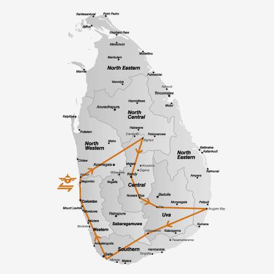 De route van de Sri Lanka surf rondreis<br>